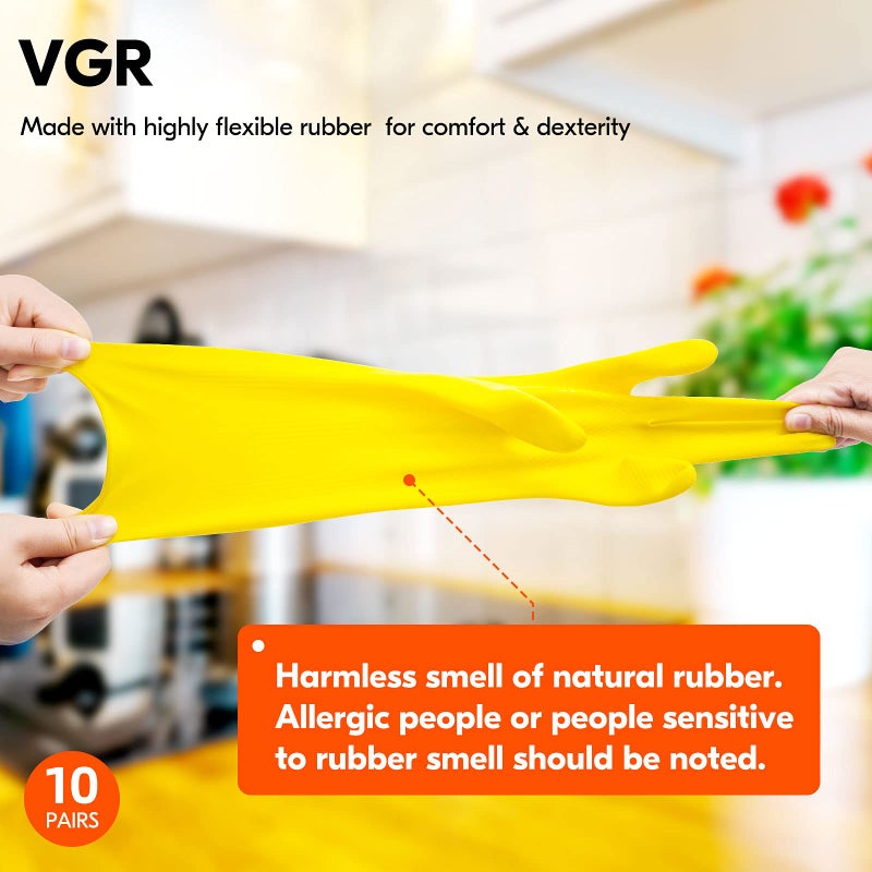 Vgo... 10-Pairs Reusable Household Gloves, Rubber Dishwashing gloves, Extra Thickness, Long Sleeves, Kitchen Cleaning, Working, Painting, Gardening, Pet Care (Size XL, Yellow, HH4601) - Image 4